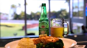 Steak, mashed potatoes, and a beer